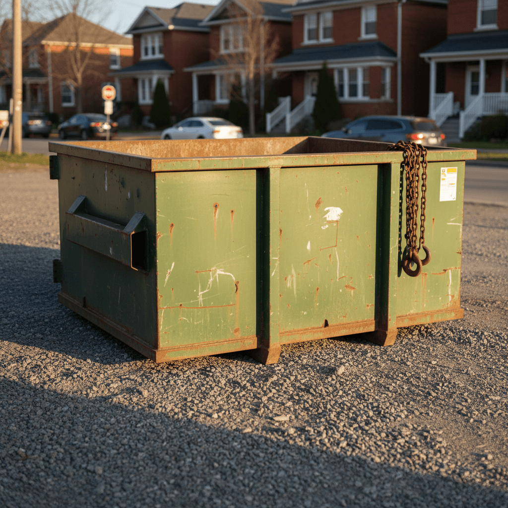 Green metal dumpster on a gravel lot near a residential street