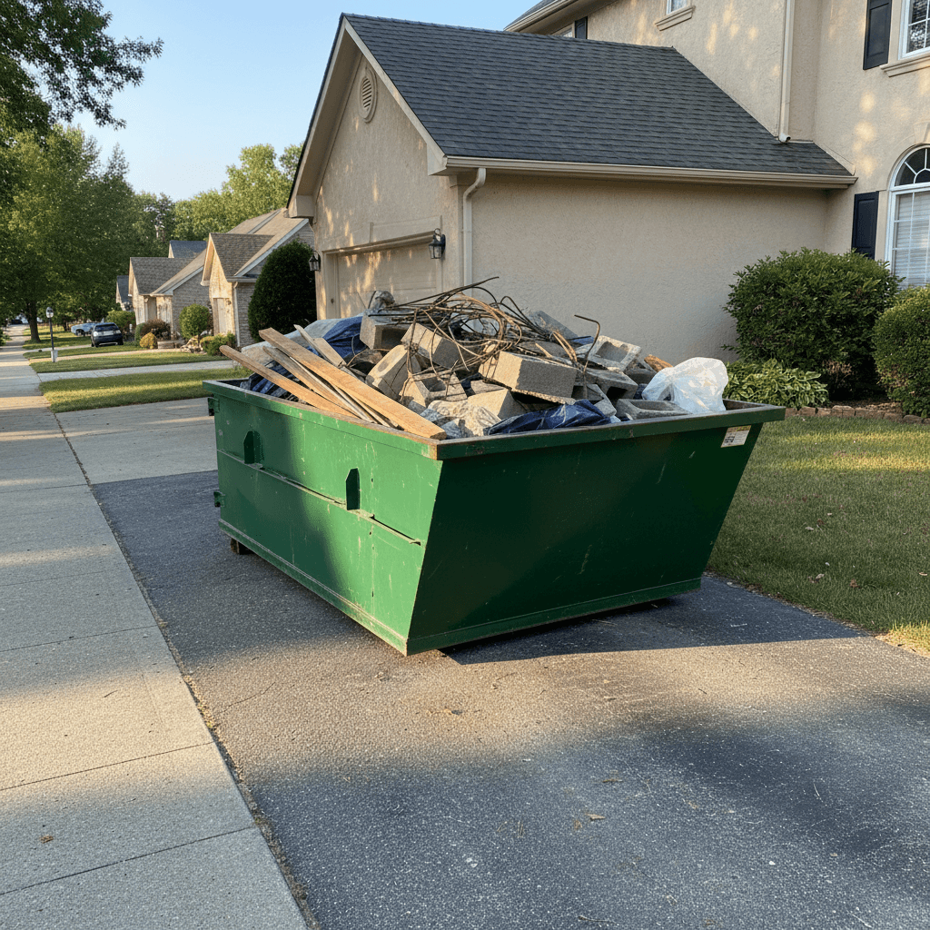 Small green dumpster on a residential driveway next to a house