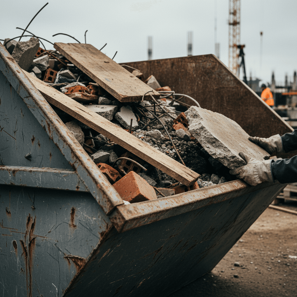 Row of different sized dumpsters lined up on a gravel lot