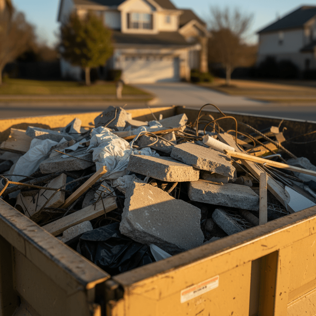 Green dumpster full of renovation debris on a Toronto driveway
